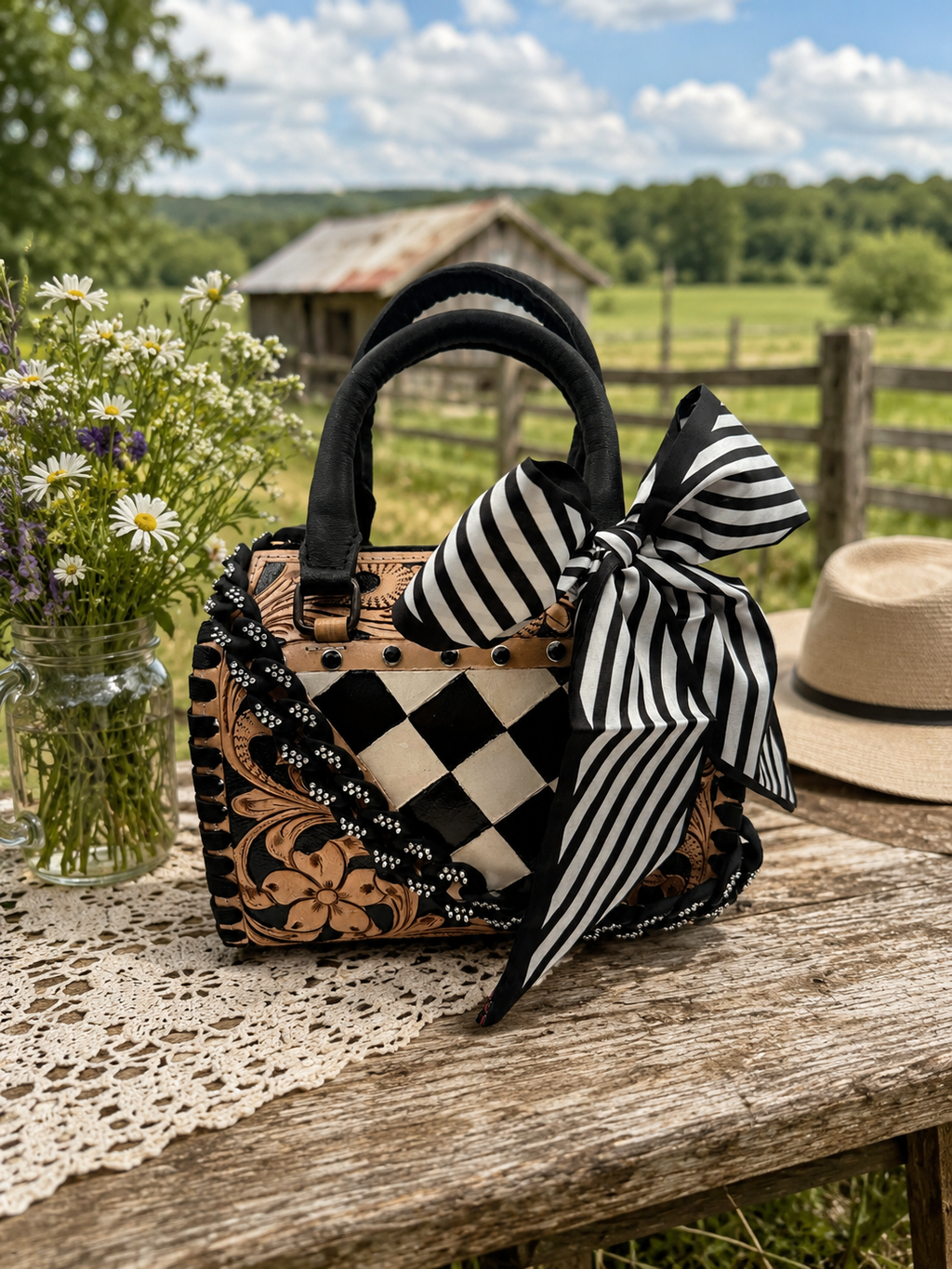 Luxe Tooled Leather Midnight Rhinestone Stud Checkered Speedy Bag Neon Spur