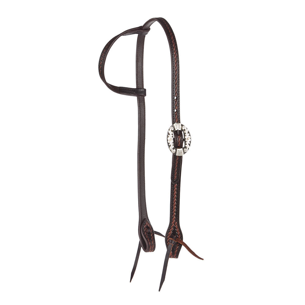 WD-RTSEH-HO-13 Heavy Oiled Rope Tooling Floral Bar Double Buckle Single Ear Headstall Mayatex
