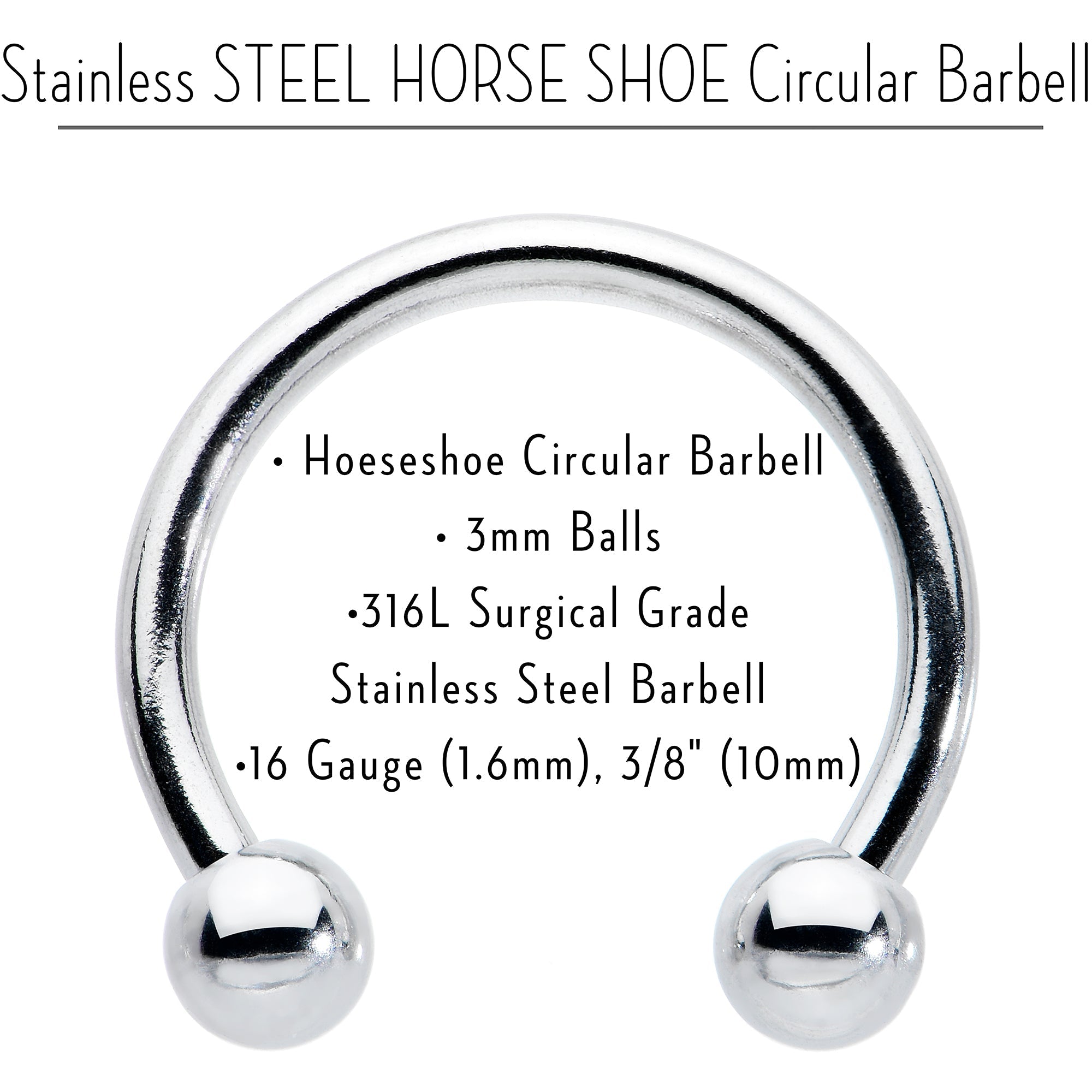 16G STEEL HORSE SHOE Circular Barbell 3/8 3mm BodyCandy