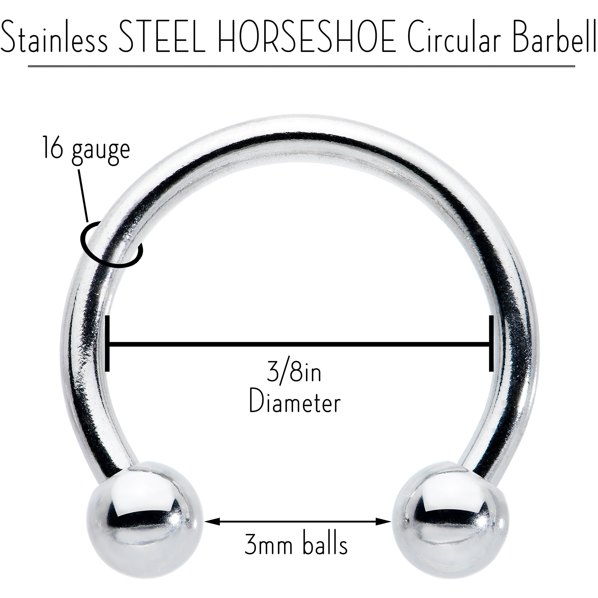 16G STEEL HORSE SHOE Circular Barbell 3/8 3mm BodyCandy