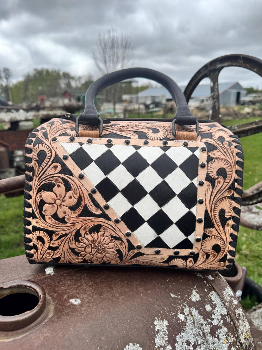 Luxe Tooled Leather Midnight Rhinestone Stud Checkered Speedy Bag Neon Spur