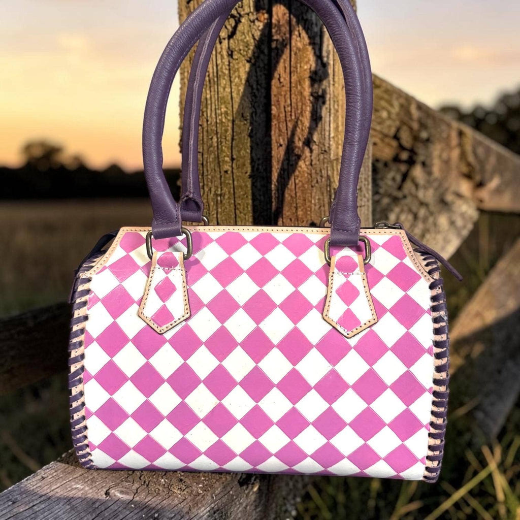 Country Lilac Checkered Speedy Western Genuine Leather Purse Neon Spur