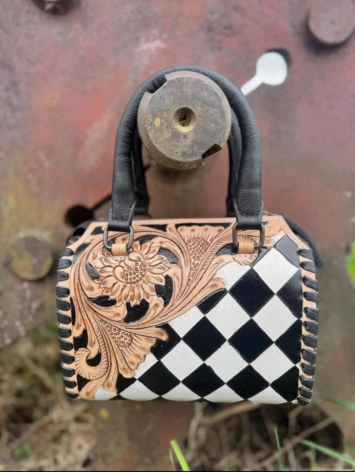 Luxe Tooled Leather Midnight Rhinestone Stud Checkered Speedy Bag Neon Spur