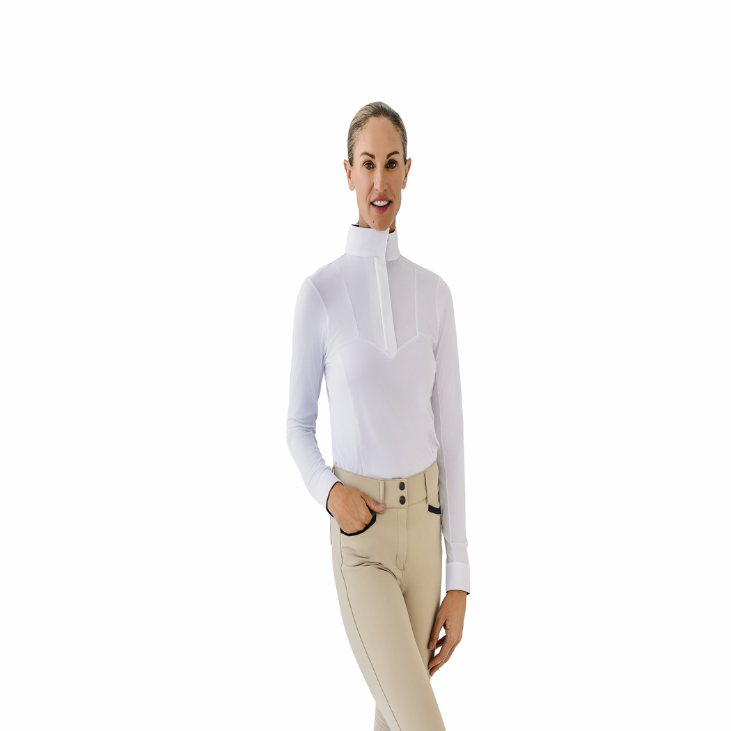 Bib Front Show Shirt - White Navy Mosaic Floral Ovation Riding