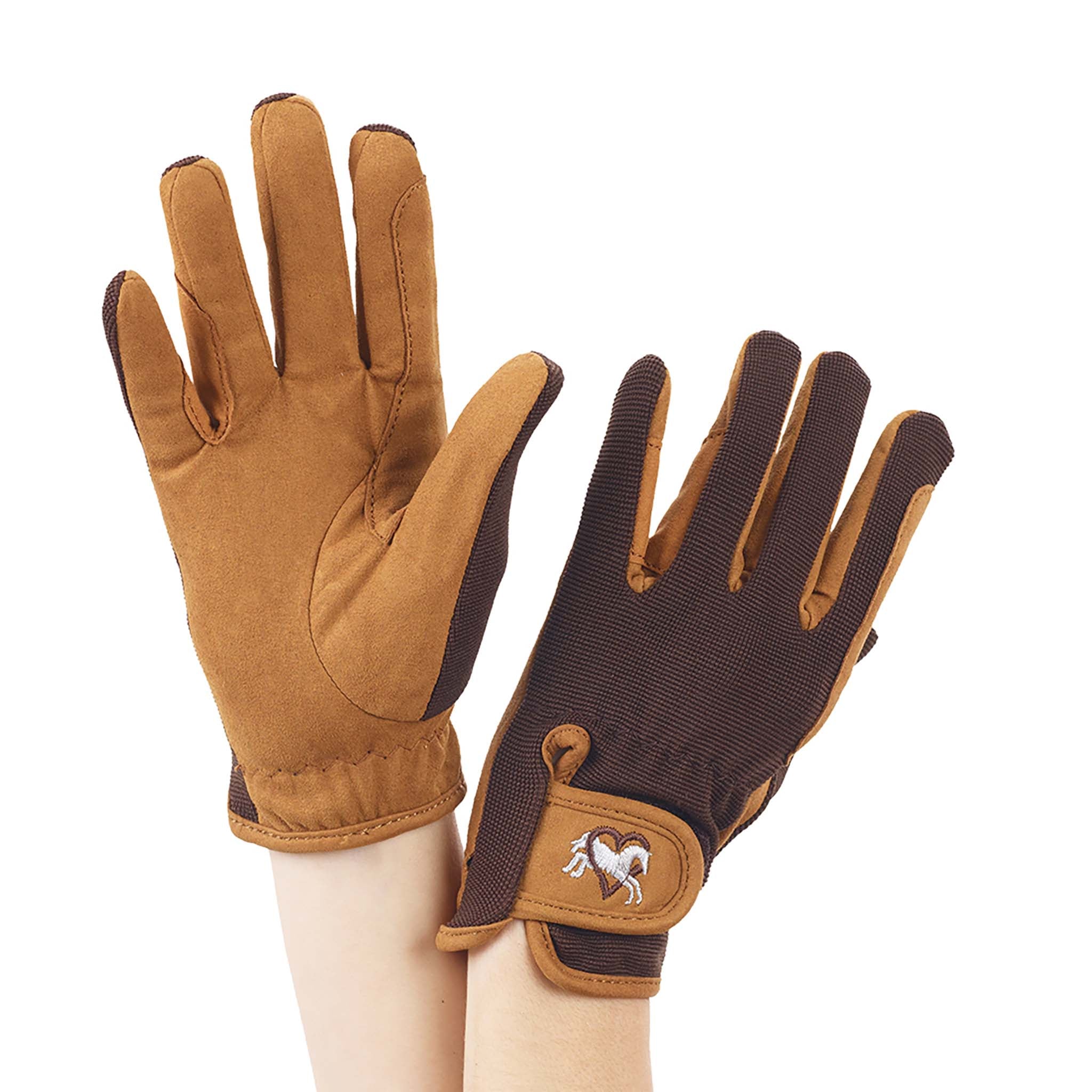 Kids' Embroidered Riding Gloves - Lt Brown/Chocolate Ovation Riding
