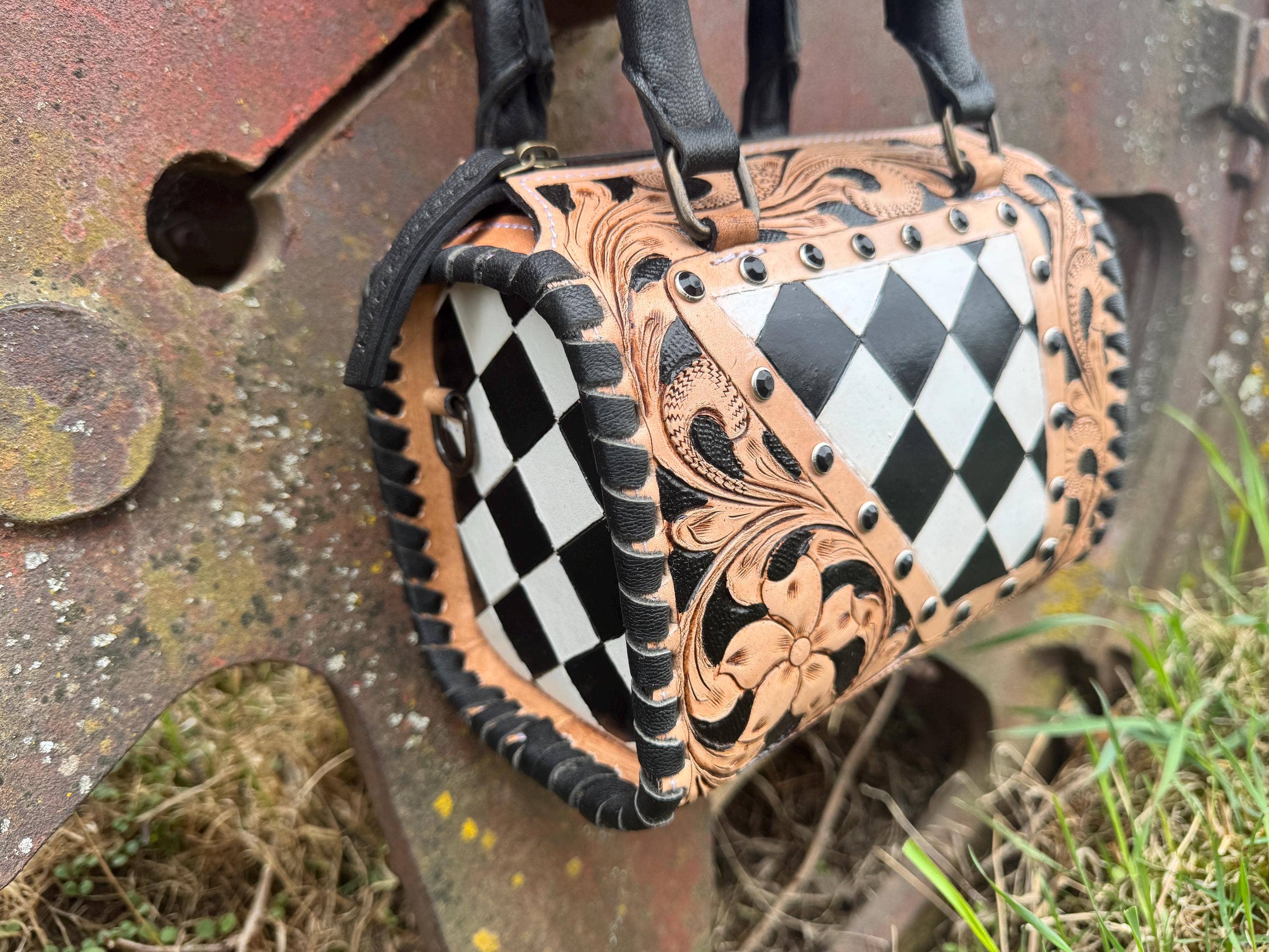 Luxe Tooled Leather Midnight Rhinestone Stud Checkered Speedy Bag Neon Spur