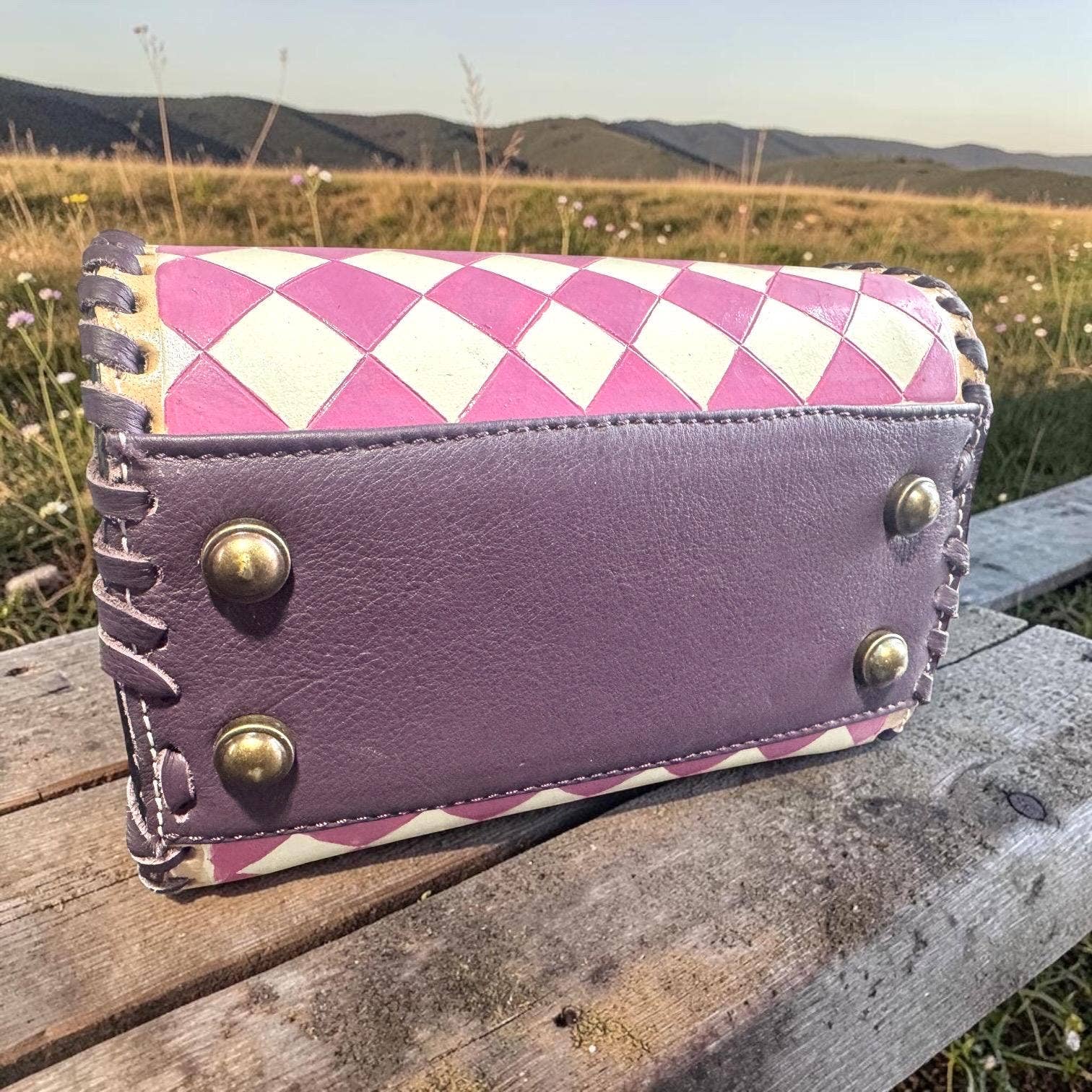 Country Lilac Checkered Speedy Western Genuine Leather Purse Neon Spur