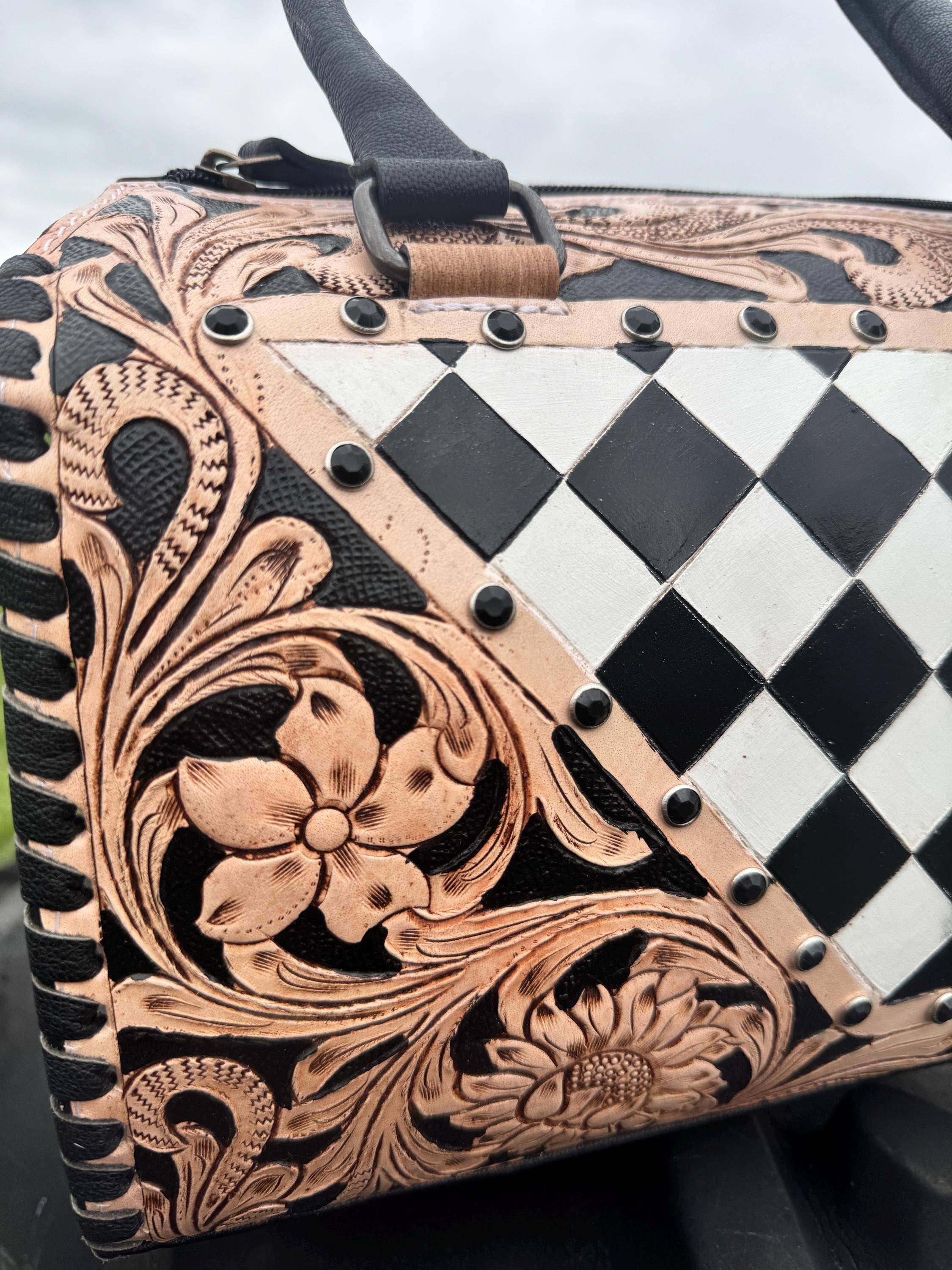 Luxe Tooled Leather Midnight Rhinestone Stud Checkered Speedy Bag Neon Spur