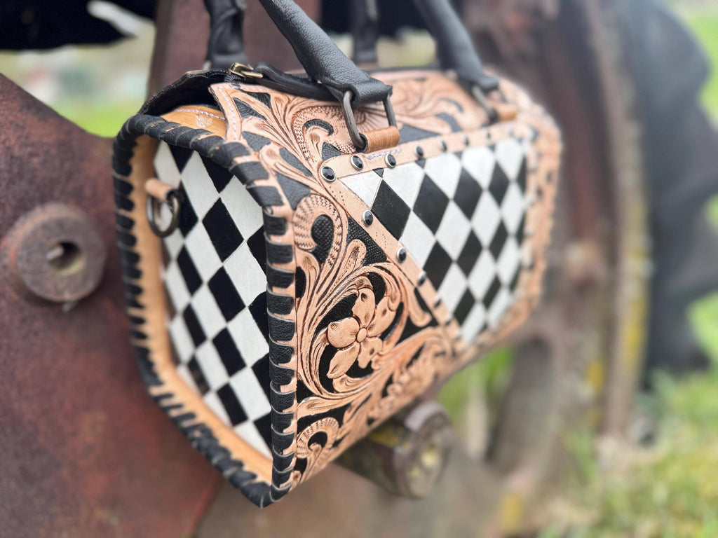 Luxe Tooled Leather Midnight Rhinestone Stud Checkered Speedy Bag Neon Spur