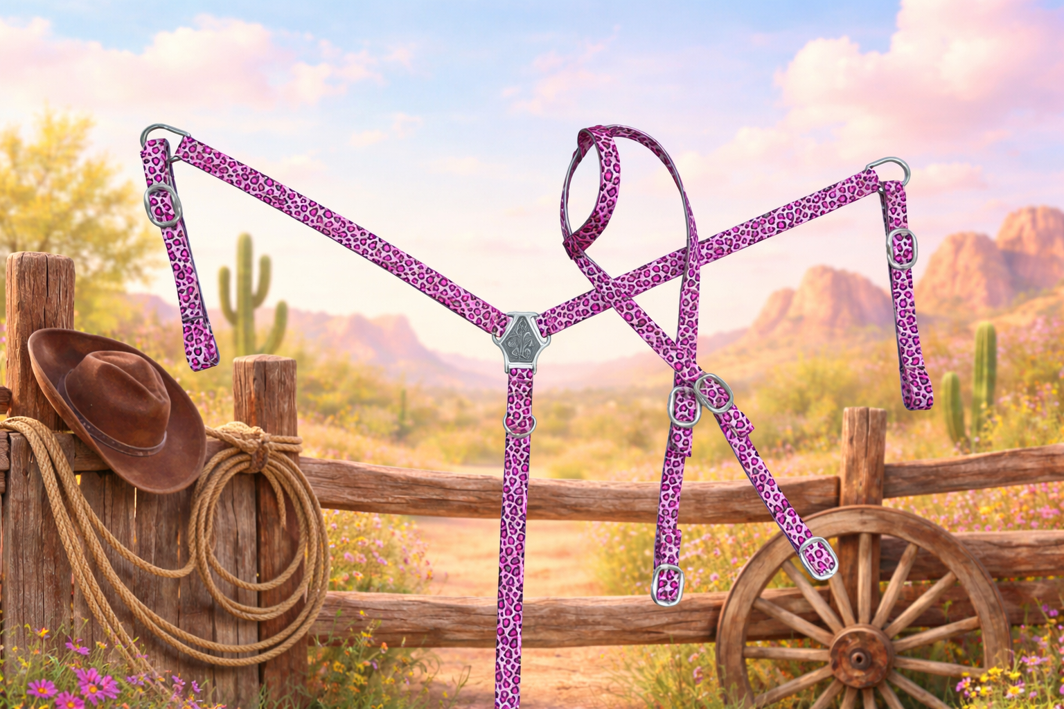Catty Cowgirl Nylon One Ear Headstall & Breast Collar Tack Set Neon Spur