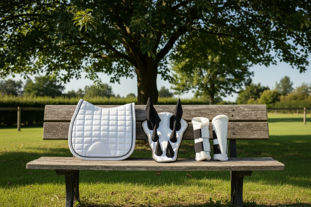 Premium Quality Cotton White Jumping Saddle Pad, Ear Bonnet & Horse Boot Set Classic Riding Gear