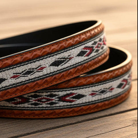 Western Leather Belt - Woven Aztec Baja Leather
