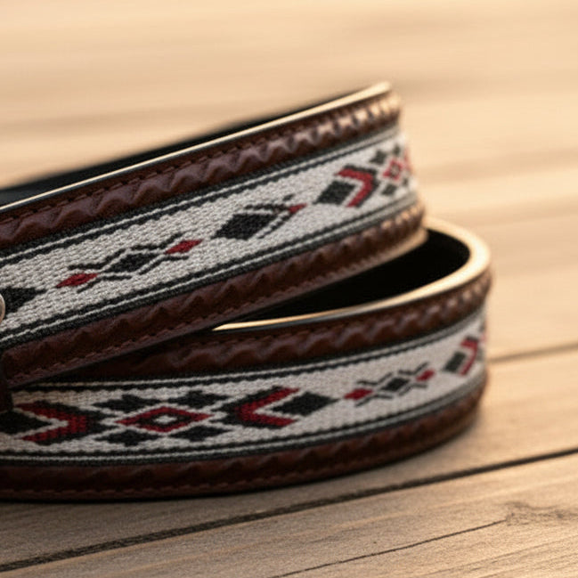 Western Leather Belt - Woven Aztec Baja Leather