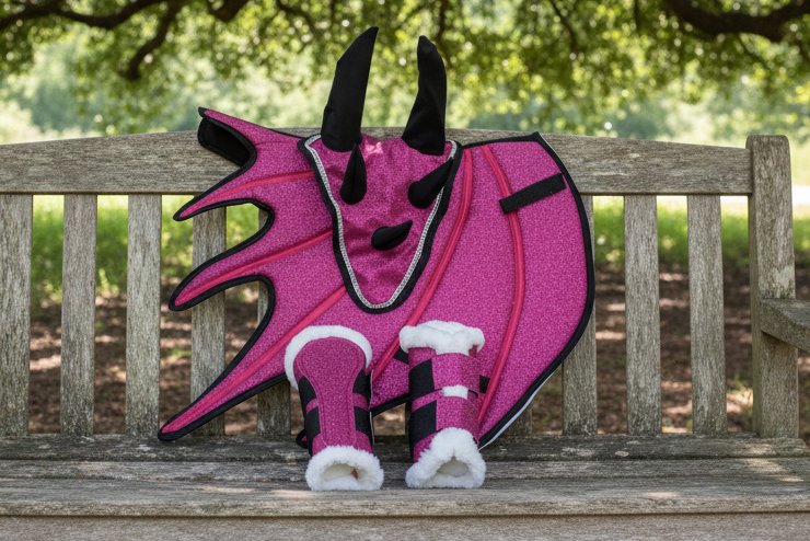 Pink Dragon Saddle Pad Set with Ear Bonnet & Boots Classic Riding Gear
