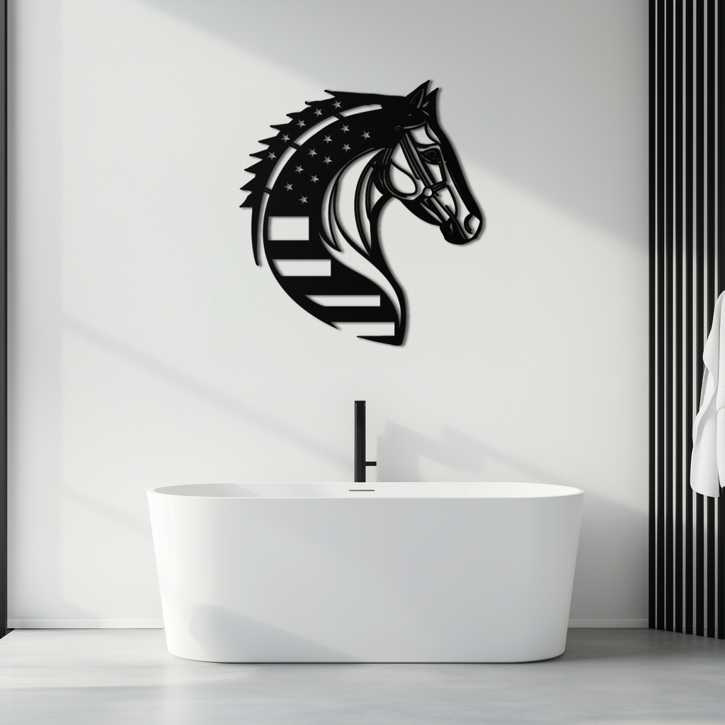 American Flag Horse Head Metal Wall Art – Patriotic Black Steel Equine Decor for Home, Barn and Ranch Interiors- KAF445 Enova Art