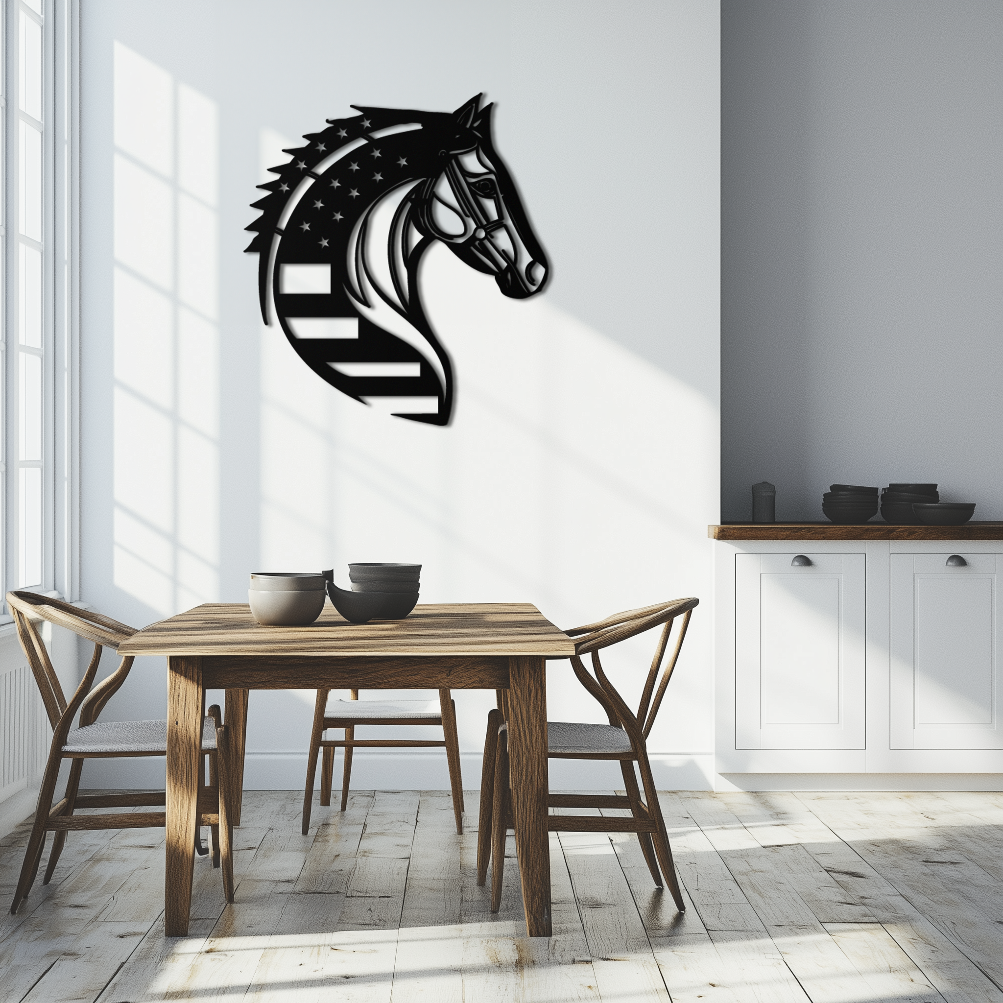 American Flag Horse Head Metal Wall Art – Patriotic Black Steel Equine Decor for Home, Barn and Ranch Interiors- KAF445 Enova Art