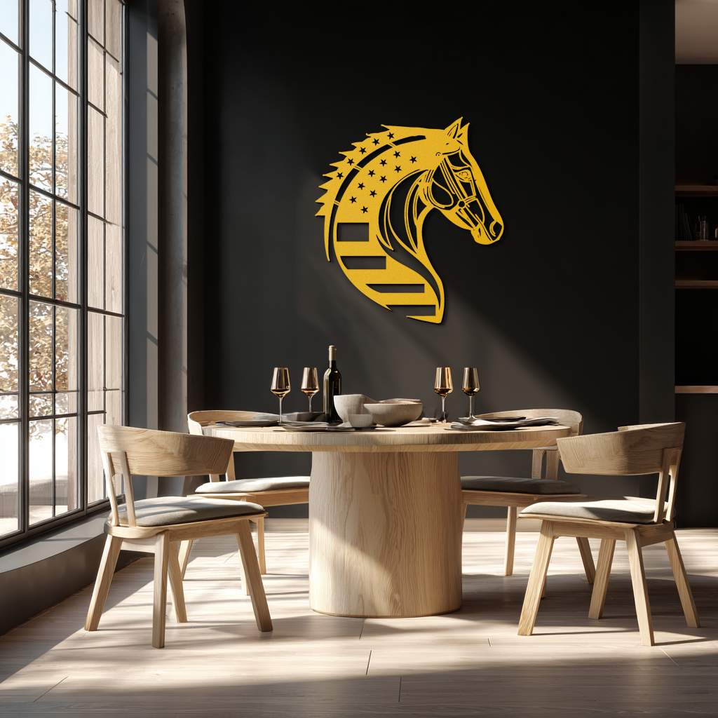 American Flag Horse Head Metal Wall Art – Patriotic Black Steel Equine Decor for Home, Barn and Ranch Interiors- KAF445 Enova Art