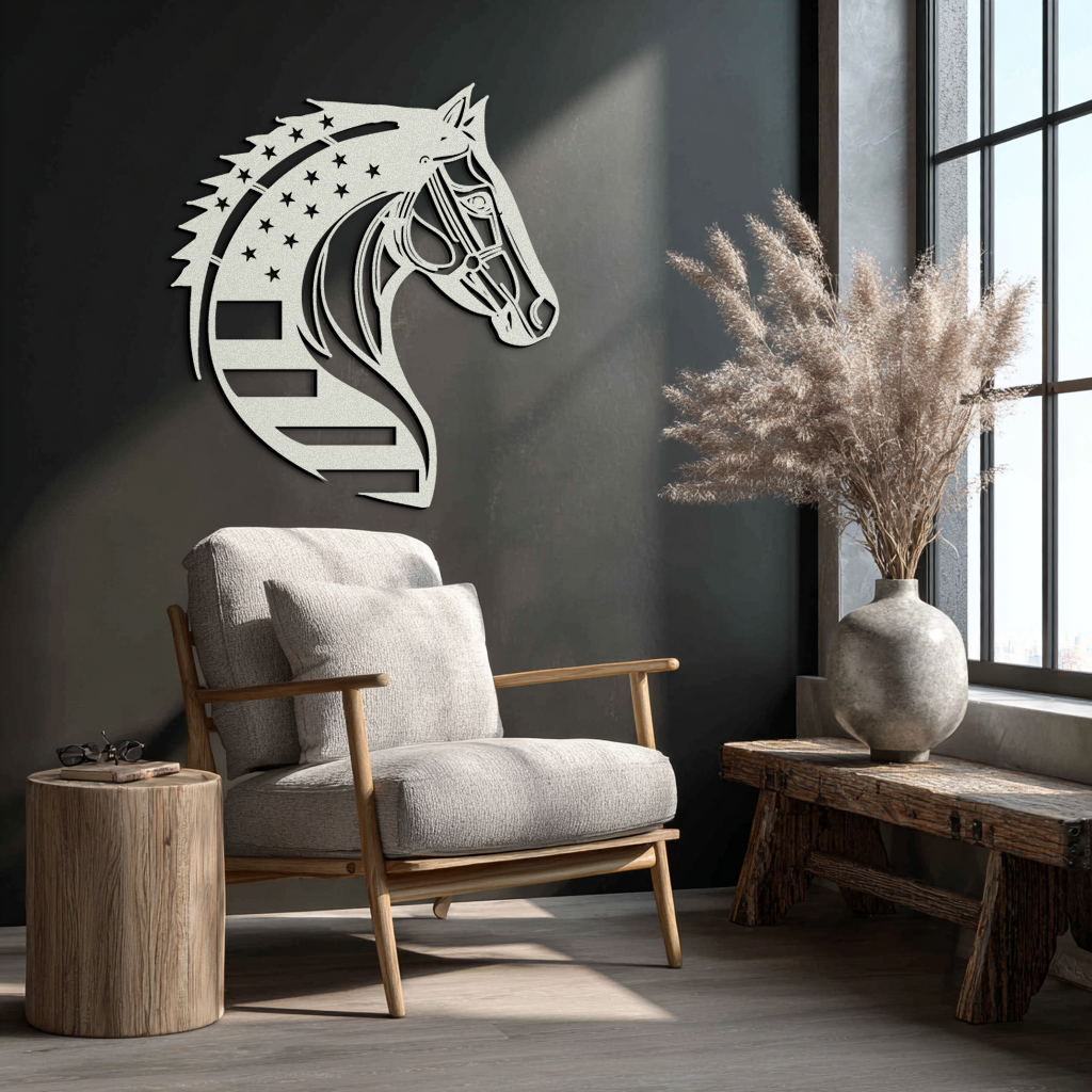 American Flag Horse Head Metal Wall Art – Patriotic Black Steel Equine Decor for Home, Barn and Ranch Interiors- KAF445 Enova Art
