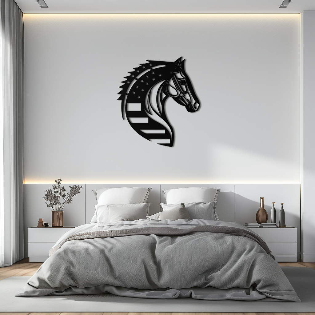 American Flag Horse Head Metal Wall Art – Patriotic Black Steel Equine Decor for Home, Barn and Ranch Interiors- KAF445 Enova Art