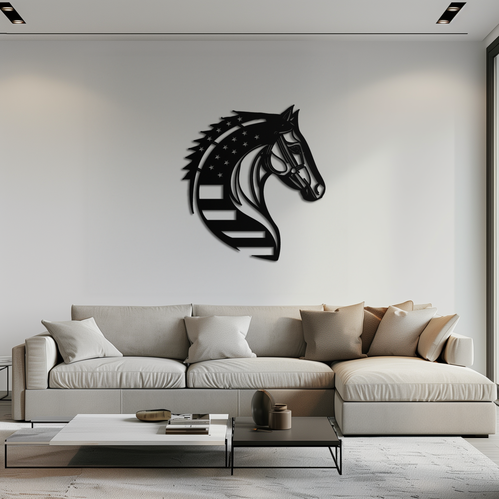 American Flag Horse Head Metal Wall Art – Patriotic Black Steel Equine Decor for Home, Barn and Ranch Interiors- KAF445 Enova Art