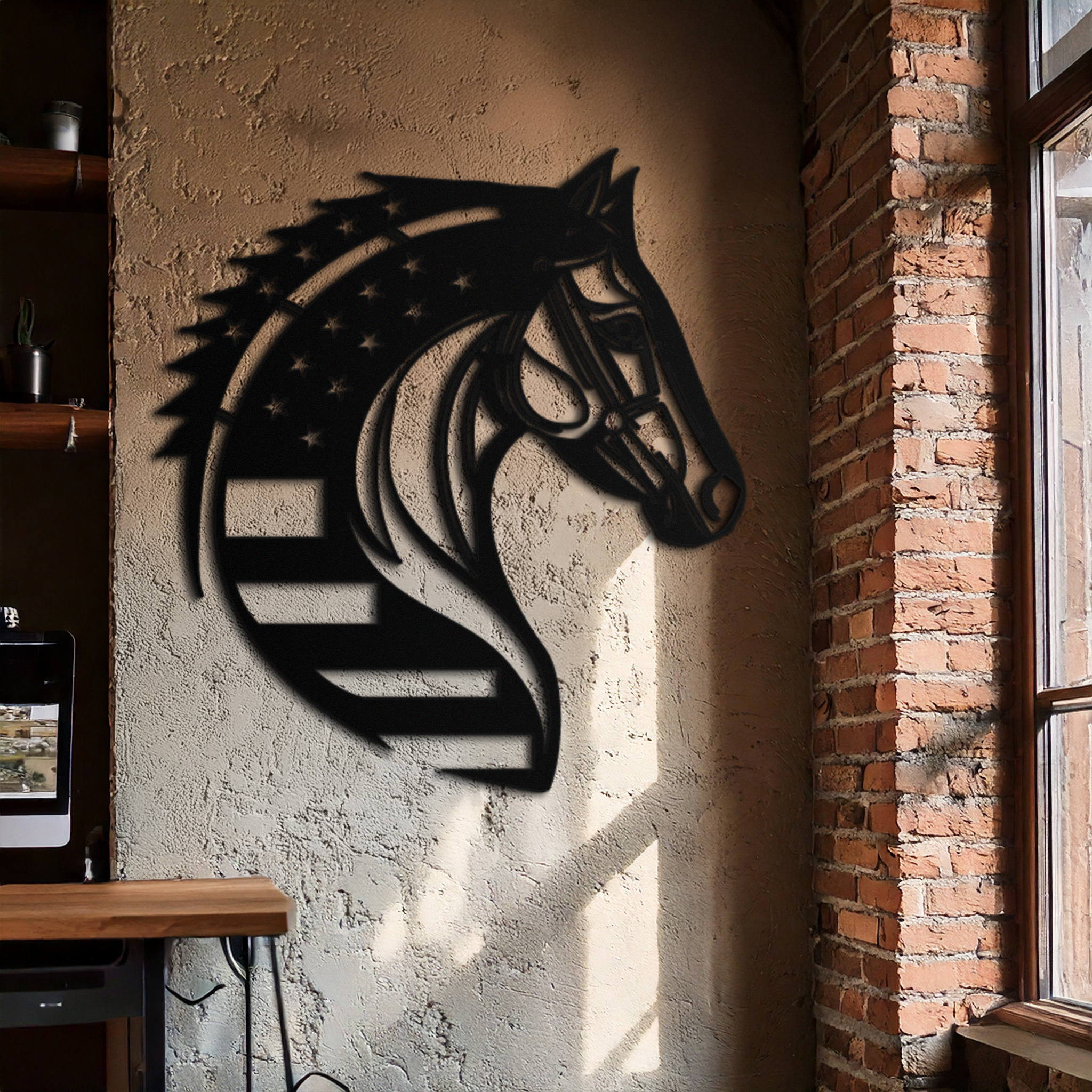 American Flag Horse Head Metal Wall Art – Patriotic Black Steel Equine Decor for Home, Barn and Ranch Interiors- KAF445 Enova Art