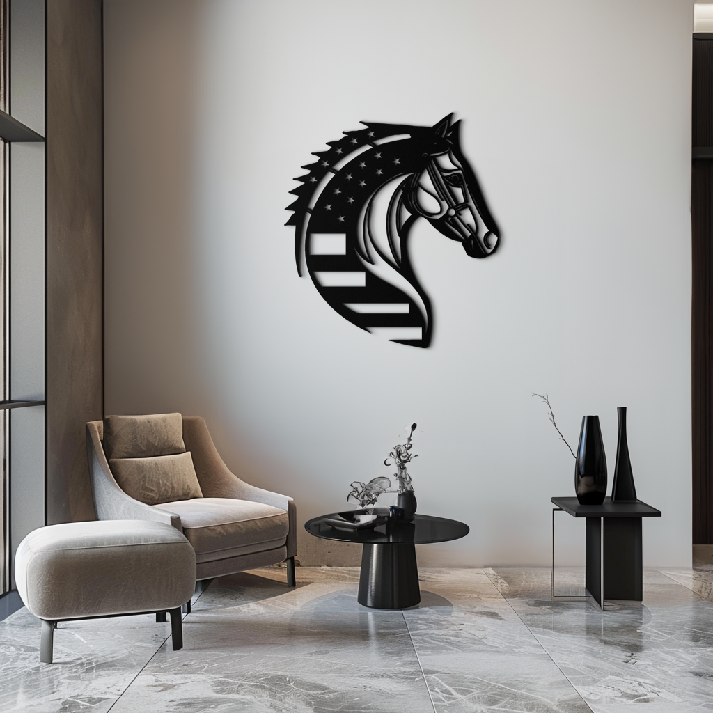 American Flag Horse Head Metal Wall Art – Patriotic Black Steel Equine Decor for Home, Barn and Ranch Interiors- KAF445 Enova Art