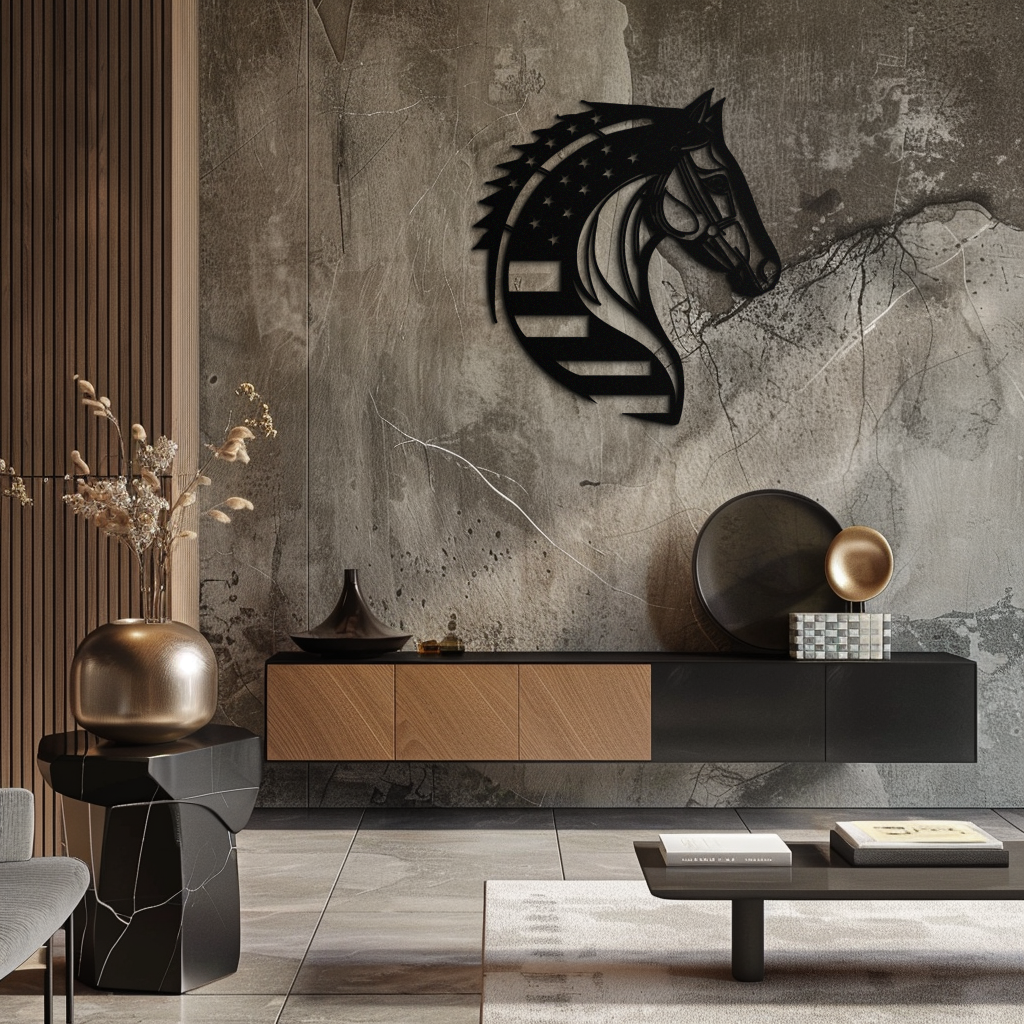 American Flag Horse Head Metal Wall Art – Patriotic Black Steel Equine Decor for Home, Barn and Ranch Interiors- KAF445 Enova Art