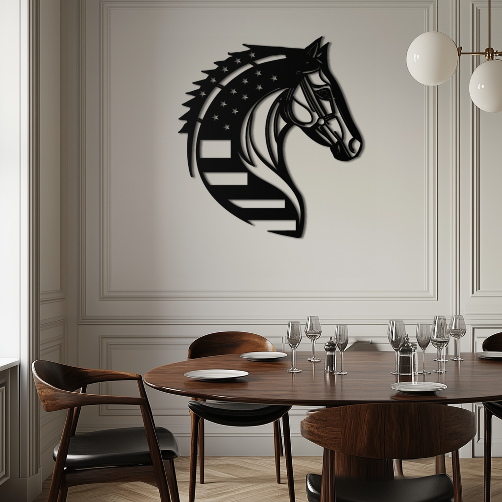 American Flag Horse Head Metal Wall Art – Patriotic Black Steel Equine Decor for Home, Barn and Ranch Interiors- KAF445 Enova Art