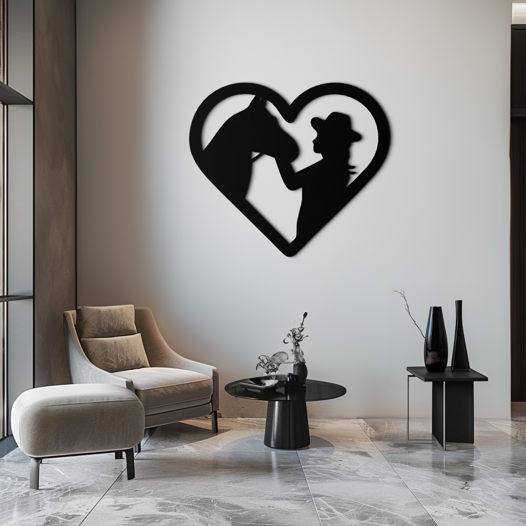 Girl and Horse Silhouette Heart Metal Wall Art – Farmhouse Horse Lover Gift- KAF548 Enova Art