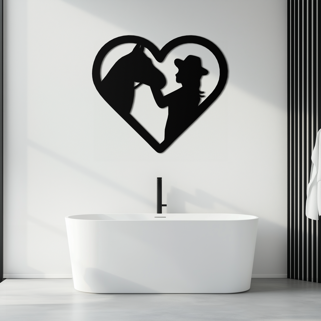 Girl and Horse Silhouette Heart Metal Wall Art – Farmhouse Horse Lover Gift- KAF548 Enova Art