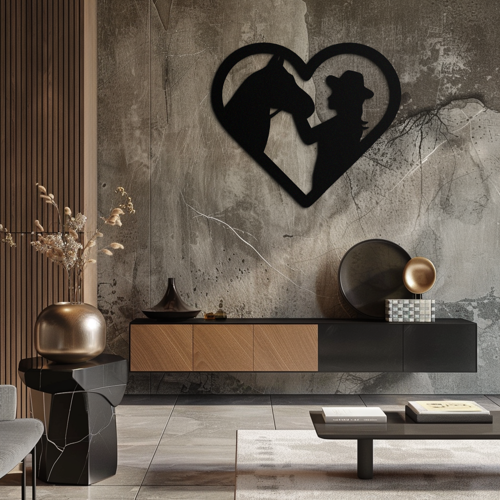 Girl and Horse Silhouette Heart Metal Wall Art – Farmhouse Horse Lover Gift- KAF548 Enova Art