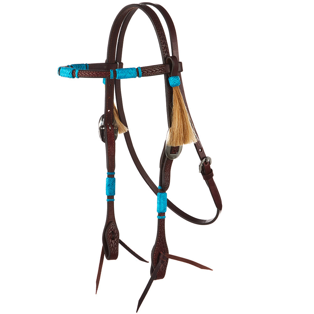 WD-RRSBH-T Turquoise Rawhide Rope Tooled Browband Headstall Mayatex