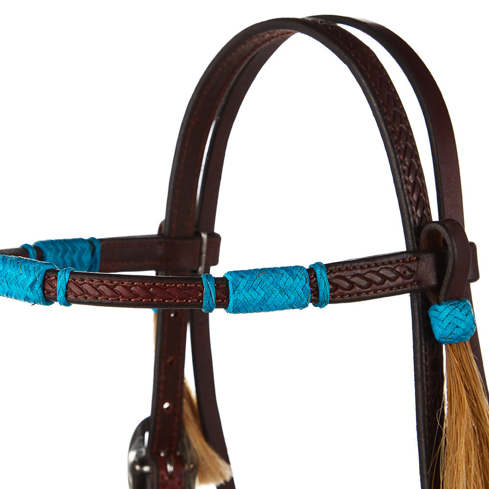 WD-RRSBH-T Turquoise Rawhide Rope Tooled Browband Headstall Mayatex