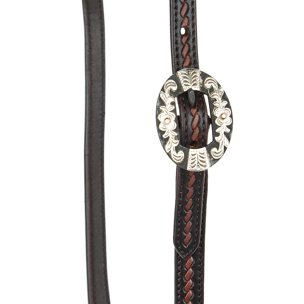 WD-RTSEH-HO-13 Heavy Oiled Rope Tooling Floral Bar Double Buckle Single Ear Headstall Mayatex