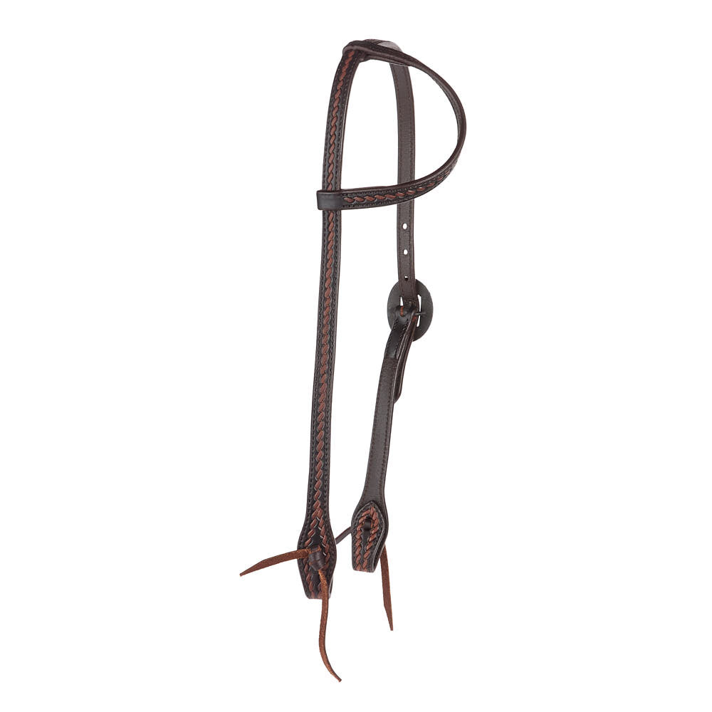 WD-RTSEH-HO-13 Heavy Oiled Rope Tooling Floral Bar Double Buckle Single Ear Headstall Mayatex