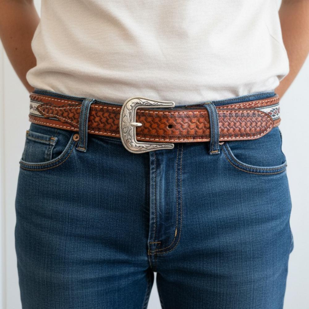 Western Leather Belt - Woven Aztec Baja Leather