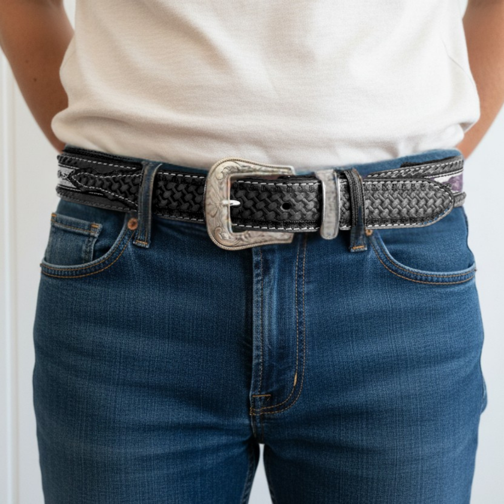 Western Leather Belt - Woven Aztec Baja Leather