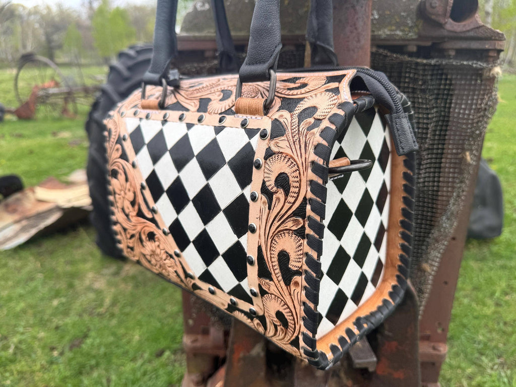 Luxe Tooled Leather Midnight Rhinestone Stud Checkered Speedy Bag Neon Spur