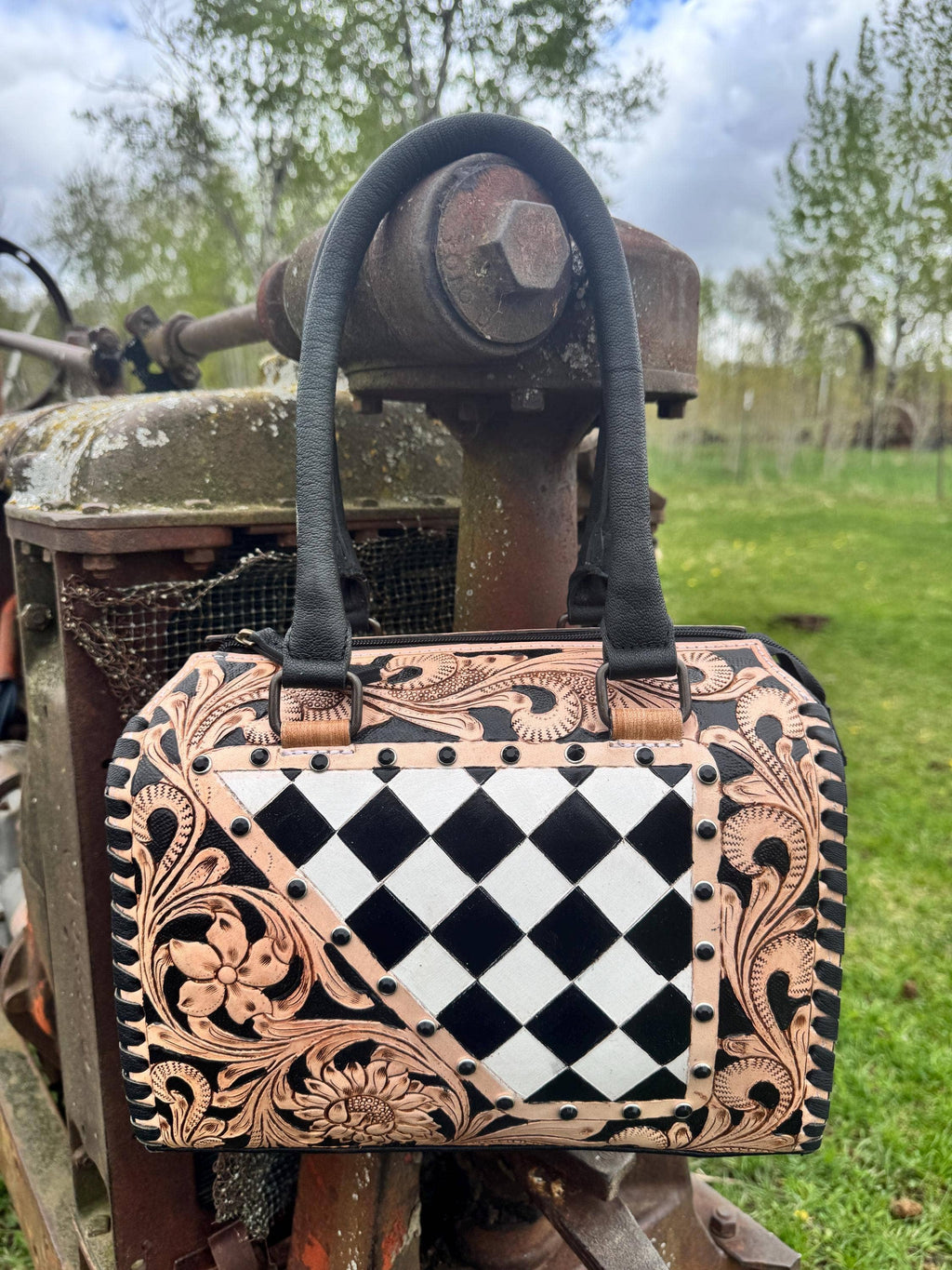 Luxe Tooled Leather Midnight Rhinestone Stud Checkered Speedy Bag Neon Spur