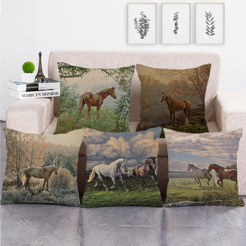 Elegant Grassland Floral Horse Pillow Covers Pastoral Animal Pattern Decorative Pillow Cases For Home Car Sofa Best Gift Linen / Cotton Square Pillow Cover Decorative Throw Pillowcase, Farmhouse Horse 45X45cm Stevvex