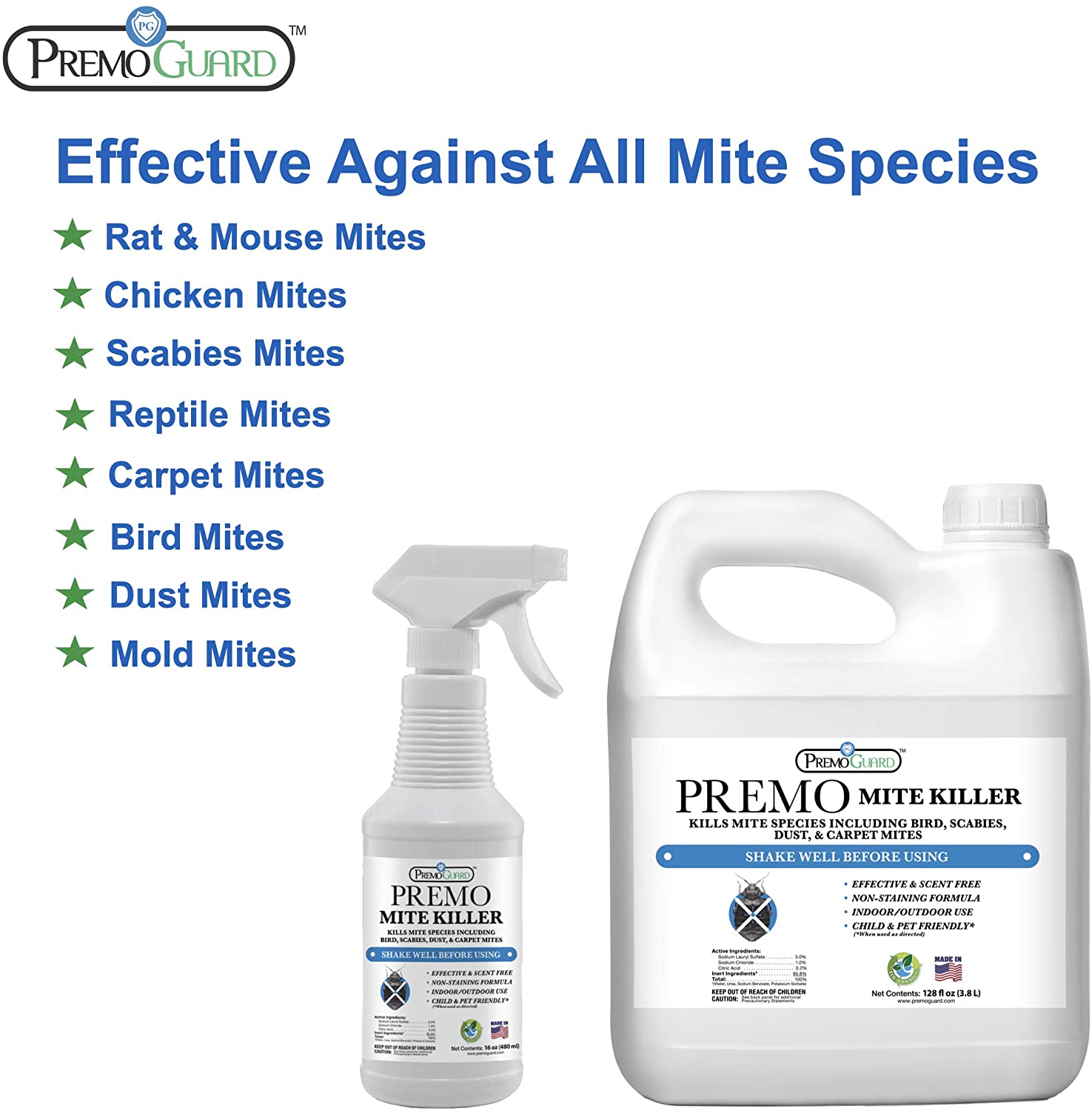 Mite Killer Spray 128 oz | Natural & Non-Toxic | Premo Guard Premo Natural Products