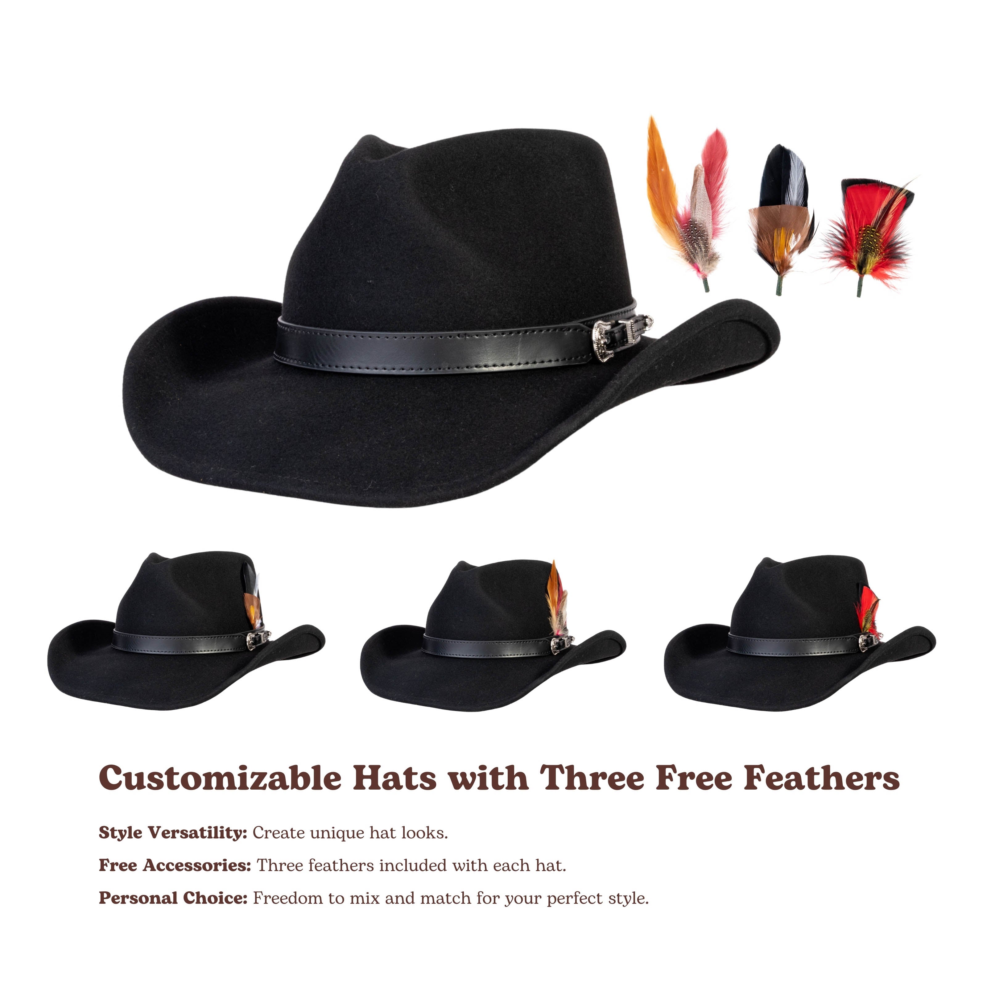 Silver Buckle Black Felt Cowboy Hat Mix Brown
